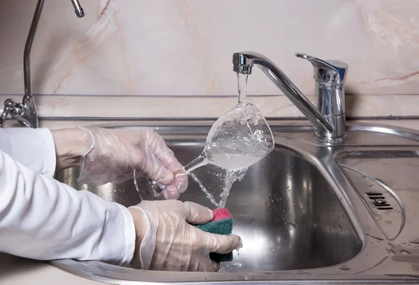 Woman Hands Gloves Washing Dish Fresh Water Kitchen Faucet Metal — Stock Photo, Image