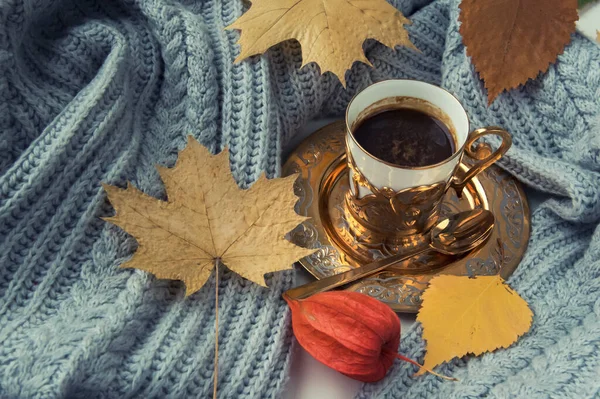 Tazza Caffè Foglie Autunnali Maglione Grigio Maglia Fine Autunno — Foto Stock