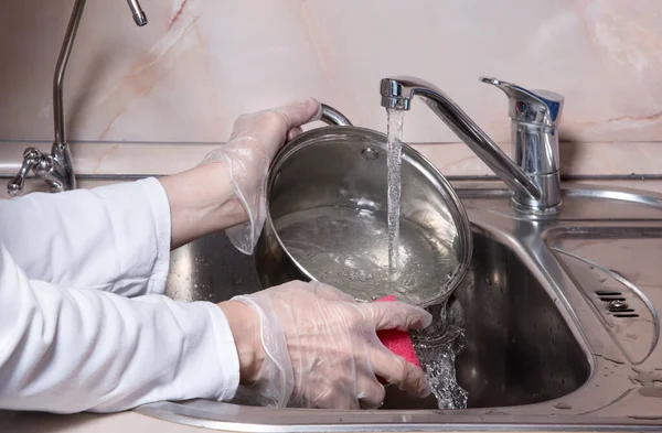 Woman Hands Gloves Washing Dish Fresh Water Kitchen Faucet Metal — Stock Photo, Image