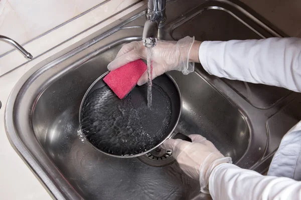 Woman Hands Gloves Washing Dish Fresh Water Kitchen Faucet Metal — Stock Photo, Image