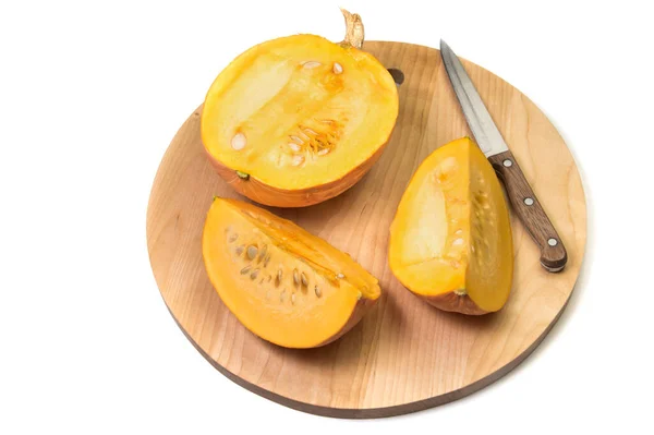 Pumpkin Knife Wooden Cutting Board Preparing Cooking Isolated White Background — Stock Photo, Image