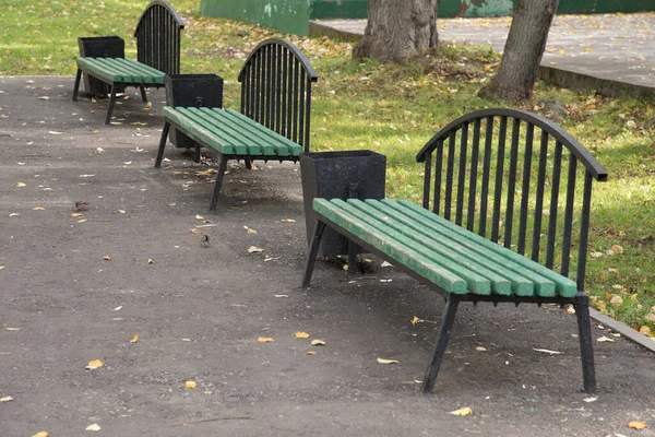 Lege Groene Houten Bankjes Het Najaarspark — Stockfoto