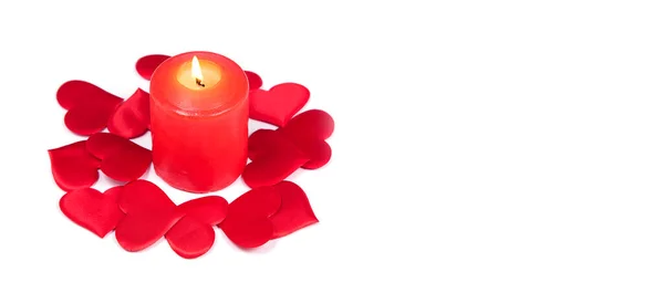 Corazones Rojos Velas Encendidas Aisladas Sobre Fondo Blanco Amor Para — Foto de Stock