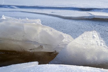 İlkbahar buzu gölde eridi. Arkaplan dokusu. Nehir kenarında donmuş buz ve kar.