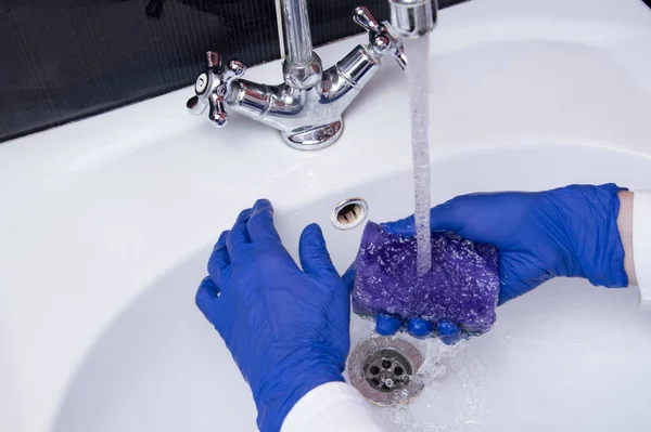 Woman Gloved Hands Washing White Washbasin Maid Housewife Cleaning Wash — Stock Photo, Image