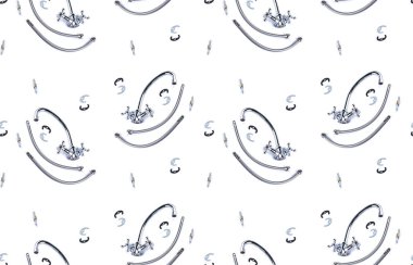 Tesisatçı günü geçmişi. Kusursuz desenli musluk ve beyaz arka planda izole edilmiş esnek hortumlar. Su musluğu yüklemesi için ayrıntılar. 