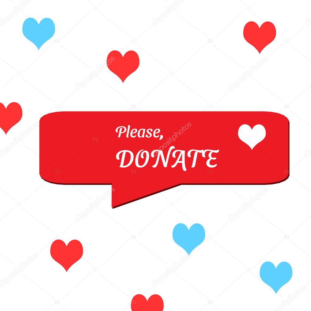 Donate button icon with red and blue hearts. Philanthropy, charity and volunteering symbol. Web design element