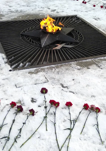 Monument Med Eviga Låga Röda Blommor Brinnande Eld Och Stjärna — Stockfoto