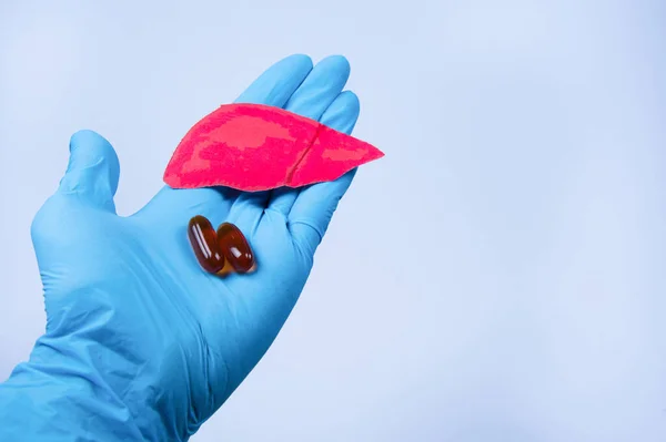 Doctor's hand holds red liver symbol and omega capsules. World Hepatitis Day, World Liver Day, Cancer of the liver, Hepatitis, Hepatitis C, virus