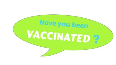 Metin tasarımı animasyonu. Covid-19 aşısı var. Mavi düğme. Coronavirüs salgını için canlandırma işareti.