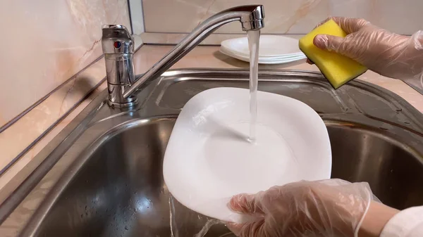 Woman Washes White Plate Kitchen Sink Close Faucet Female Hand — Stock Photo, Image