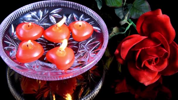 Magic Ritual Red Floating Burning Candles Glass Bowl Water Rose — 图库视频影像