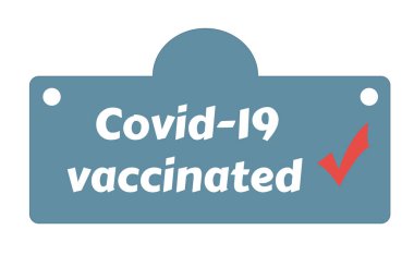 Metin tasarımı Covid 19 mavi arka planda aşılandı. Covid-19 koronavirüs salgını için konuşma baloncuğunda resim harfleri.