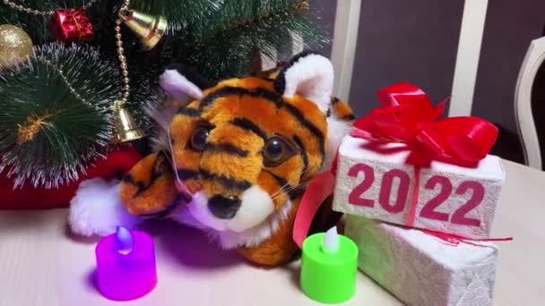 2022年老虎的象征 蜡烛和礼品盒 上面印有2022年的文字 放在雪白的桌子上 房间里靠近新年树 — 图库视频影像