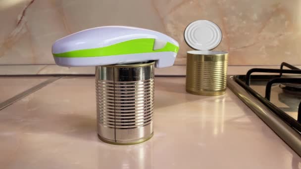 Electric Can Opener Canned Goods Kitchen Table — Stock Video