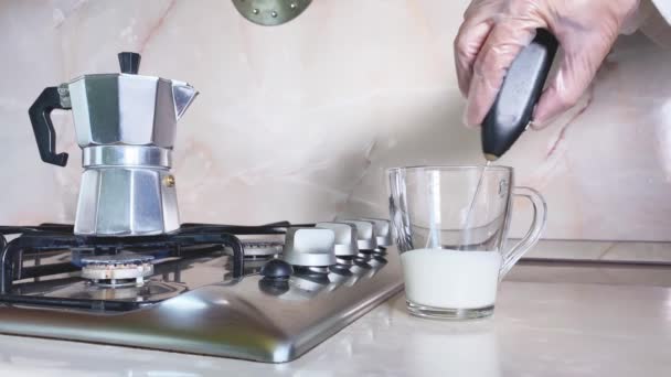 Italian Coffee Maker Gas Stove Cappuccino Maker Whipping Cream Kitchen — Stock Video