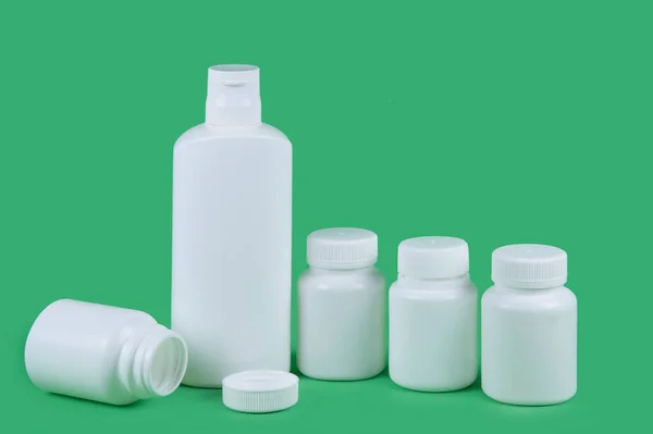 Medicintabletter Vitamin Paketet Mockup Grön Bakgrund Plast Tillägg Burk Förpackning — Stockfoto