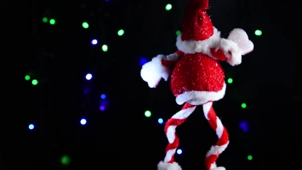 Homem Neve Girando Fundo Preto Cartão Ano Novo Bokeh Foco — Vídeo de Stock