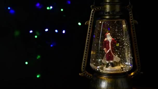 Lanterna Magica Natale Con Babbo Natale Giocattolo Sfondo Nero Scintillante — Video Stock