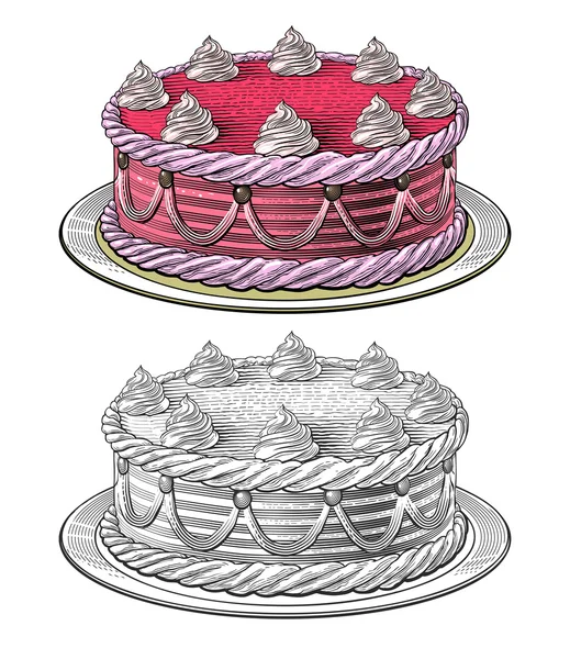 De cake van de kindverjaardag in gravure stijl — Stockvector