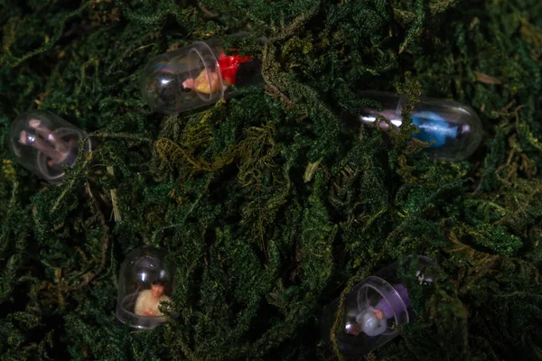 Minyatür insanlar yosun içinde boğuluyor. Doğa insanları tüketir. İnsan ve doğa teması.