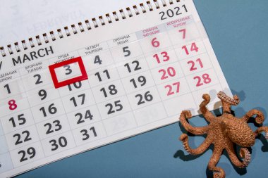 Octopus 'la 3 Mart Vahşi Yaşam Günü takvim sayfası. Ahtapot takvim sayfasında