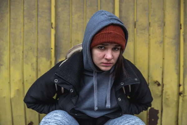 Very Young Hungry Scared Homeless Teenager Girl Standing Alone Street — Stock Photo, Image