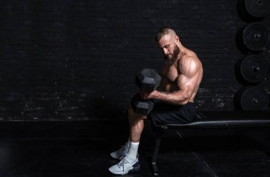 Genç, aktif, güçlü, terli, kaslı, iri kaslı bir adam bankta oturuyor ve spor salonundaki dambıllarla kas egzersizi yapıyor.