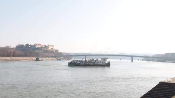 Barge Pusher Ship Tugboat Sails River — Stock Video