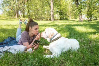 Parkta evcil köpeği Golden Labrador Retriever ile oynayan genç ve güzel, güneşli bir günün tadını çıkaran güzel bir kadın.