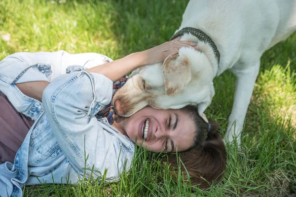 Jovem Mulher Bonita Brincando Parque Com Seu Cão Estimação Golden — Fotografia de Stock