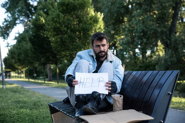 Young Sick Helpless Desperate Homeless Man Sitting Bench Urban Street — Stock Photo, Image