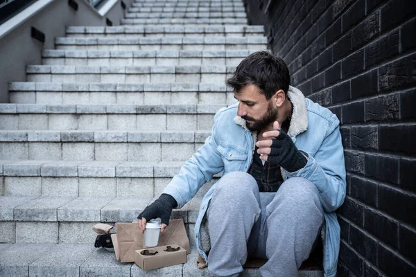 Young Sick Poor Homeless Man Sitting Staircase Building Sidewalk Taking — Stock Photo, Image