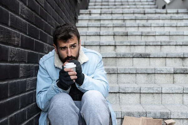 Young Sick Dirty Depressed Homeless Man Sitting Stairs Urban Street — Stock Photo, Image