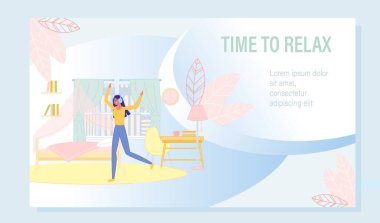 Favori müzikle Dinlenme ve Rahatlama zamanı. Genç Öğrenci Kız Kulaklıkla Şarkı Dinlerken Evdeki Yatak Odasında Dans Ediyor. Tek Başına Zaman Geçirmek Motivasyon Posteri. Vektör İllüstrasyonu