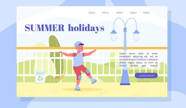 Summer Holidays Activities Flat Landing Page Layout Design Cartoon Happy — Stock Vector