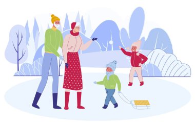 Torunlar kış zamanı büyükannem ve büyükbabamla dışarıda vakit geçiriyorlar. Küçük Oğlan ve Kız Kayıyor ve Büyükannesi ve büyükbabasıyla Tatilde Kartopu Oynuyor Çizgi Film Yassı Vektör İllüzyonu