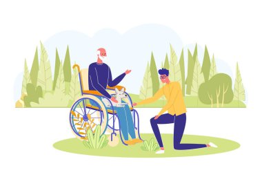 Tekerlekli sandalyede yürüyen engelli dedesi olan adam. Yaşlılar ve Gençler birlikte vakit geçirir ve iletişimin tadını çıkarırlar. Nesiller Arası Bağlantı. Düz Çizgi film Vektör İllüstrasyonu.