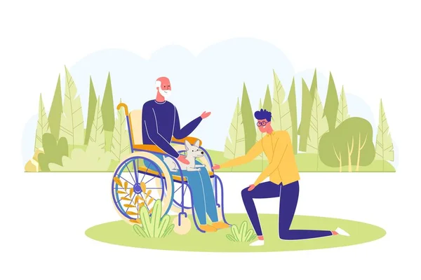 Homme Avec Grand Père Handicapé Fauteuil Roulant Marchant Dans Parc — Image vectorielle