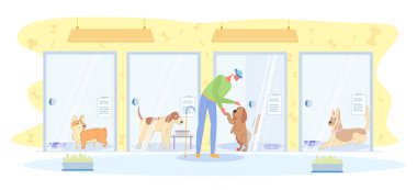 Köpekler Oteli 'nde Pet' le Neşeli Buluşma Sahibi. Çubuklu Yaşlı Adam Köpeği Illustration 'ı almaya geldi. Hayvan Terk Eder ve Ayağını Sahibine Uzatır, Diğer Köpekler İzler.