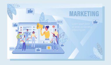 Dijital Sosyal Medya Reklam Pazarlama Rehberi. Müşteri Toplama Kampanyası aracılığıyla Kadın Yönetici Çekici Üyesi. Network 'te reklam. Terfi Posteri. Vektör İllüstrasyonu