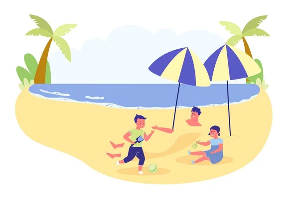 Personagens Desenhos Animados Pai Filhos Divertindo Praia Brincando Com Areia —  Vetores de Stock