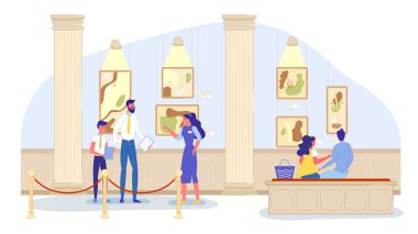Sanat Müzesi 'ndeki insanlar. Ziyaretçi Resim Sergisi 'nin tadını çıkarın. Kişisel Rehber Gezisi. Birkaç İzleme Sanatı Koleksiyonu. Kadın Galeri İşçisi Erkek ve Erkek Grup ile Konuşuyor. Vektör İllüstrasyonu
