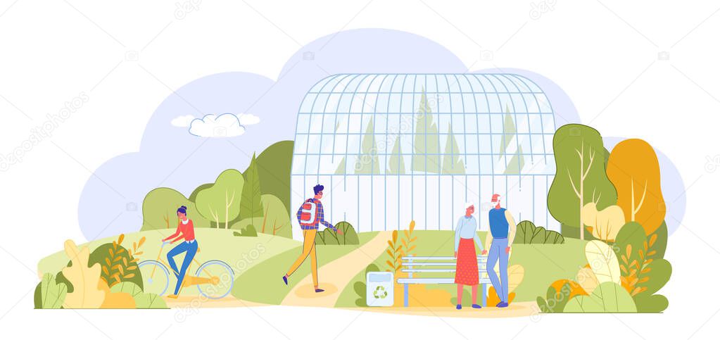 Different Age Visitor at Green Botanical Museum. Glass Greenhouse Facade Exterior Building. Aged Couple, Teenager Boy Student, Girl Cyclist on Bicycle. Natural Park Landscape. Vector Illustration