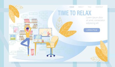 İş Yeri İniş Sayfası Tasarımı 'nda Yoga Egzersiz Eğitimi. Kadın işçi ofiste dinleniyor. İş kadını esniyor. İş molası, stres azaltma. Sağlık ve Sağlık Hizmetleri. Vektör İllüstrasyonu