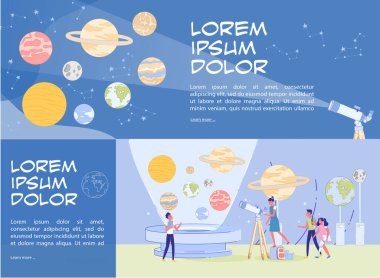 Planetarium Sunum Başlığı Sancak Kümesi. Güneş Sistemi Sergisi için Yenilikçi Teknoloji ile Halk Müzesi. Gezegen ve Yıldız, Genç Çocuklar Gezici Tasarım Ziyaretçisi. Vektör İllüstrasyonu