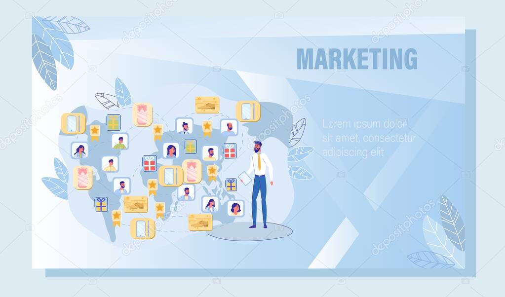Digital Affiliate Macro Marketing Around World Advertising Poster. Professional Marketer Creating International Customer Network. Worldwide Networking and Business Expansion. Vector Illustration