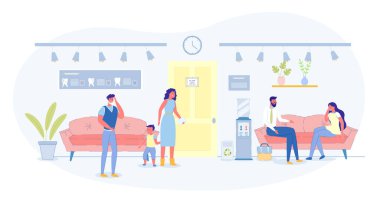 Diş Hekimliği Hastanesi Danışma ve Tedavi Bürosu kuyruğunda. Diş ağrısı olan hastalar. Anne ve Küçük Oğul Çocuk. Flux 'ı olan kadın iş adamıyla konuşuyor. Vektör Düz Çizgi Film İllüstrasyonu