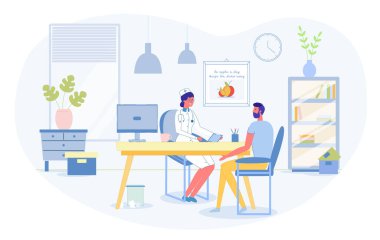 Klinikteki Doktor Randevusu 'ndaki Adam Hasta. Terapist, Nutritionist Uzman Danışman. Hastanede tıbbi danışmanlık. Sağlık ve Sağlık Hizmetleri. Vektör Çizgi Filmi Düzleştirmesi