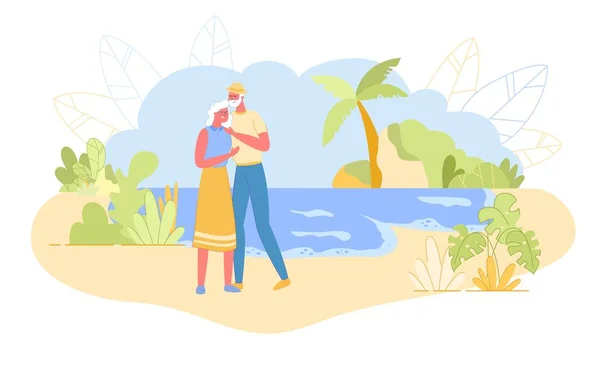 Loving Aged Couple Embracing Standing Sandy Beach Met Zeegezicht Achtergrond — Stockvector